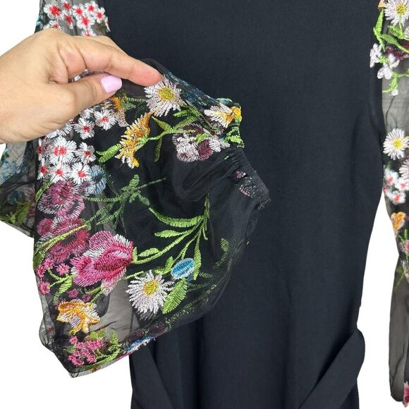 Jealous Tomato Black Sweater Dress Sheer Floral Embroidered Sleeves Waist Tie - Picture 5 of 9